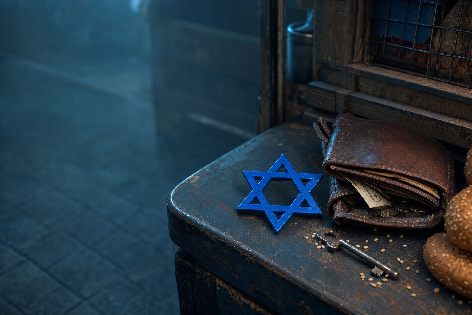 The blue star on a worn kiosk counter beside a leather wallet, an old key and sesame bagels